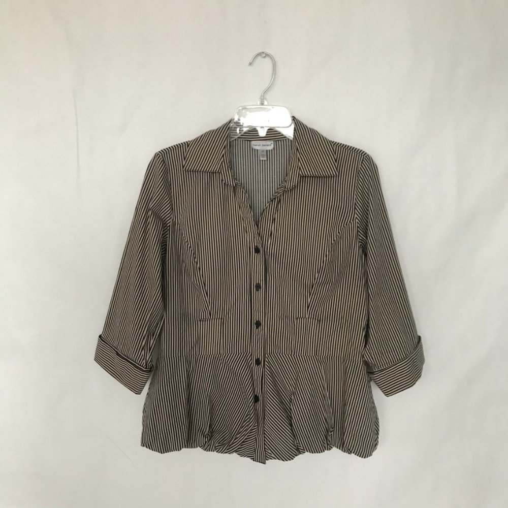Harve Benard Black/Tan Striped Peplum Blouse Size Medium with 3/4 Sleeves